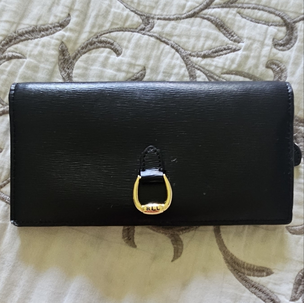 Ralph Lauren black Crosshatch Leather Slim 1/2 fold wallet.